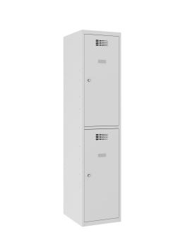 Ein lichtgrauer Fächerschrank mit einem Abteil und zwei Fächern mit jeweils einer Tür. Beide Türen sind geschlossen. Der Schrank steht vor einem weißen Hintergrund.